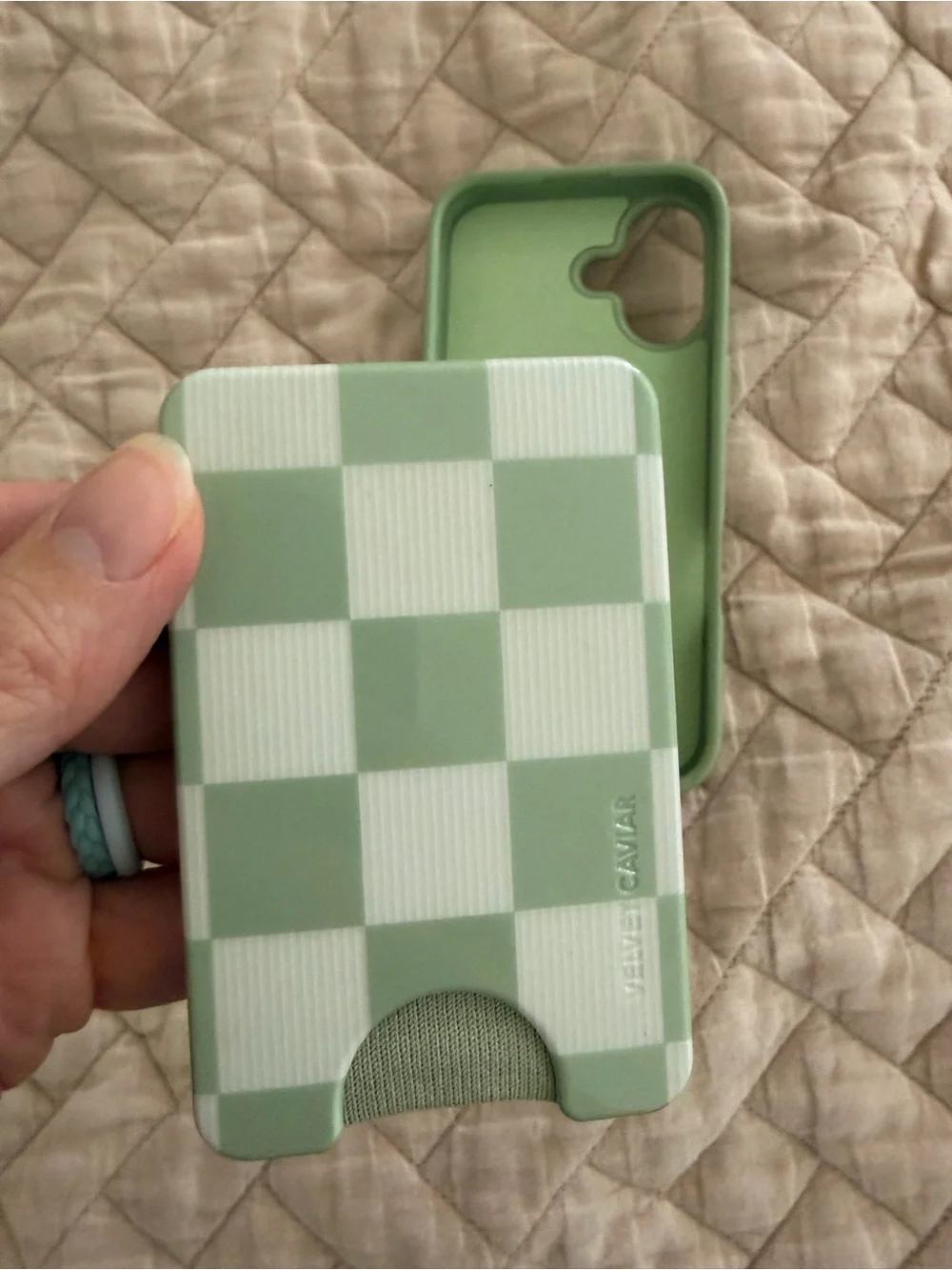 Velvet Caviar Sage Green & White Checkerboard Phone Case with Card Slot